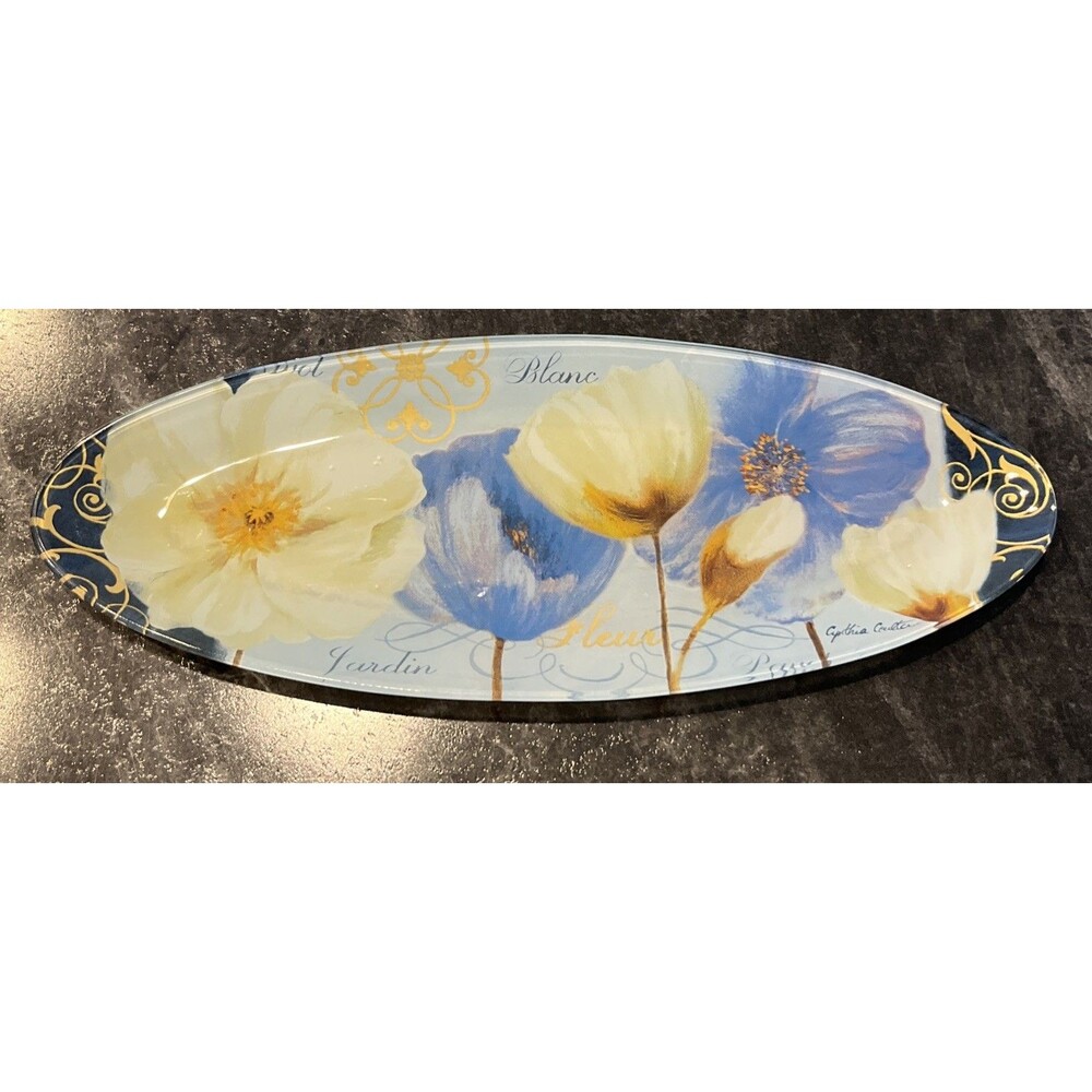 PRIMA DESIGNS Signed Cynthia Coulter Floral Glass Oval Trinket Tray  16x6in